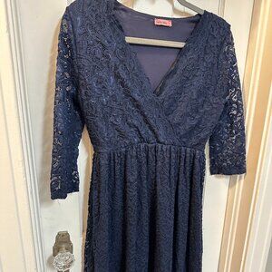 Hello Miz Navy Women's Lace Overlay Midi Dress w Lace Sleeves-Size Large